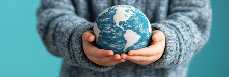 A child gently holds a globe, highlighting the need to protect the environment for future generations.の素材