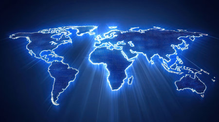 Illuminated world map highlighting continents and countries against a dark background.の素材