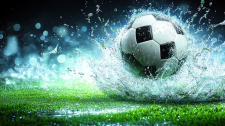 A soccer ball creates a splash as it hits a puddle on a green field during a rainy match.の素材