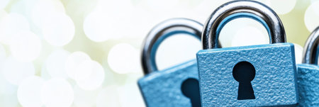 Close up view of blue padlocks highlighting the importance of security and safeguarding valuables.の素材