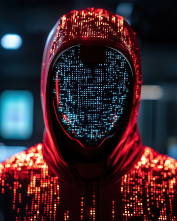 A mysterious figure with a digital face stands silently in a neon lit futuristic setting.の素材