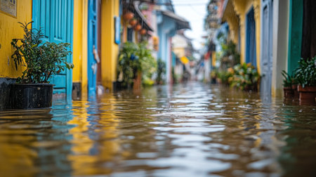Rainwater floods old town streets, reflecting colorful buildings and creating a serene ambiance.の素材