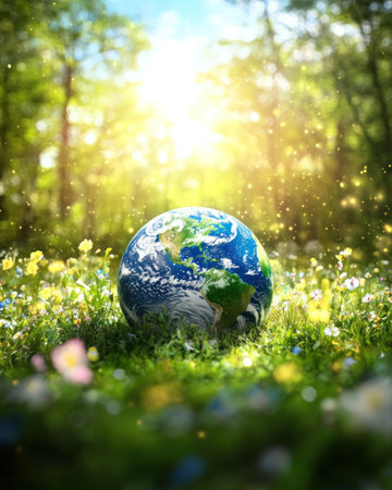 A globe placed among colorful flowers, illuminated by sunlight filtering through trees in a forest.の素材
