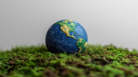 A globe of the Americas rests on green moss, symbolizing nature and environmental awareness.の素材