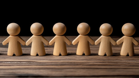 Seven wooden figures stand in a straight line on a weathered wooden table, creating a minimalist display.の素材