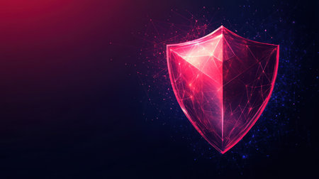 A glowing shield design featuring geometric patterns and vibrant colors in a dark setting.の素材