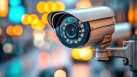 Surveillance camera monitors bustling street filled with lights and traffic in the evening hours.の素材