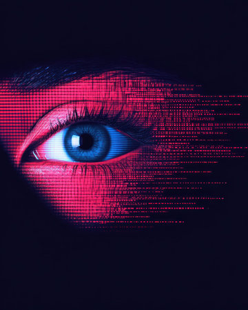 Close up view of a blue eye blending with digital elements, highlighting creativity and technology.の素材