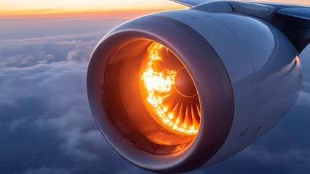 Bright flames emerge from a jet engine while flying through colorful sunset clouds.の素材