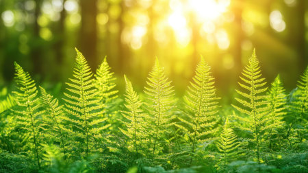 Sunlight filters through trees, illuminating vibrant ferns in a peaceful forest environment.の素材