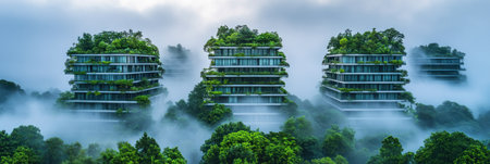 Innovative buildings tower over dense greenery, topped with vegetation, amidst a foggy atmosphere.の素材