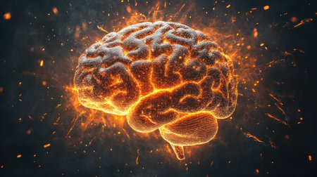 A vivid representation of a glowing brain illuminated by fiery sparks showcases the power of thought.の素材