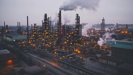 An industrial facility is aglow at dusk, with smoke rising from numerous stacks and infrastructure.の素材