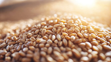 Wheat grains glisten under sunlight, showing their rich texture on a rustic surface.の素材