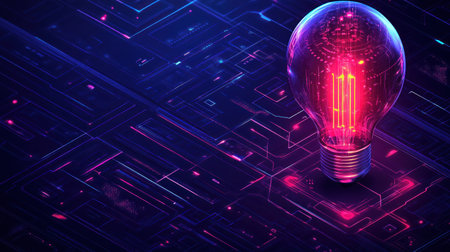 Bright light bulb emits vibrant colors against a futuristic circuit design backdrop.の素材