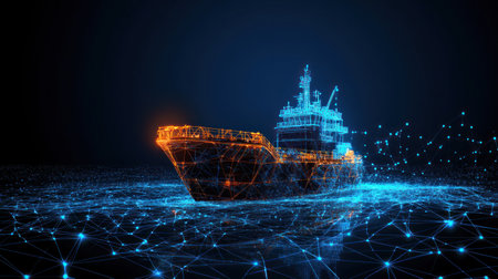 Advanced cargo ship is surrounded by glowing digital connections against a dark ocean backdrop.の素材