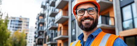 Construction worker stands confidently at the site with modern buildings in the background.の素材
