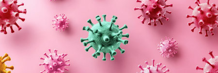 Various colorful virus models display their unique shapes on a pink background under bright lighting.の素材