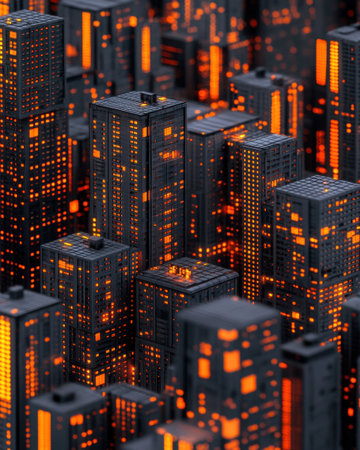 Dark urban landscape filled with glowing buildings, creating a dynamic and lively city atmosphere.の素材