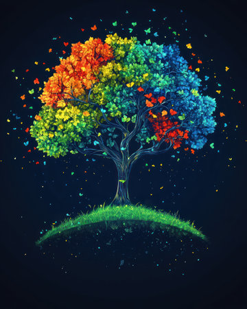 A vivid tree displays orange, blue, and green leaves, surrounded by fluttering butterflies in twilight.の素材