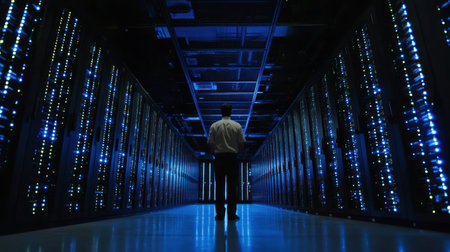 Individual is observing a server array in a dark data center with blue lighting reflecting.の素材