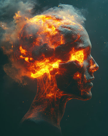 A visual depiction of a human head with fiery explosion and glowing neural connections emanating from it.の素材