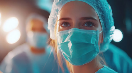 A surgical team member, focused and masked, prepares for the operation under bright lights.の素材