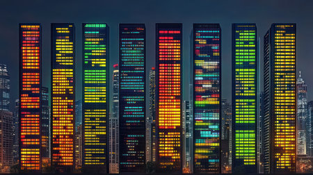 Brightly lit office buildings in a metropolitan area showcase vibrant colors against a night sky.の素材