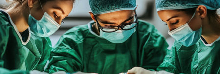 Surgeons collaborate carefully on a patient in an operating room with focused expressions.の素材