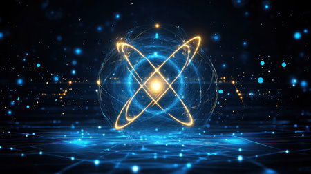 Glowing atomic model illustrating electrons orbiting a nucleus in a deep blue digital environment.の素材