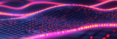 Dynamic waves of light ripple across a grid like surface, creating an immersive digital atmosphere.の素材