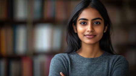 A young woman smiles confidently with crossed arms in a library filled with books.の素材