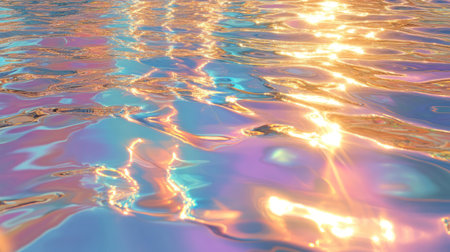 Sunlight dances on the water surface, creating mesmerizing reflections in various colors at dusk.の素材