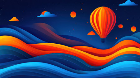 Hot air balloon glides above vibrant waves under a starry night sky with colorful planets.の素材