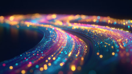 Bright, swirling light trails in various colors flow gracefully across a dark background at night.の素材