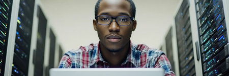 Focused young man operates laptop in server room filled with data servers and equipment.の素材
