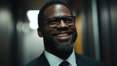 Confident man wearing glasses smiles warmly while standing in a well lit office hallway.の素材