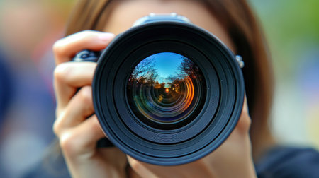 Individual focuses a camera lens towards the viewer, capturing a vibrant sunset in the background.の素材