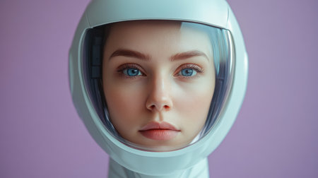 Futuristic portrait of a woman in a sleek space helmet against a soft pastel background.の素材