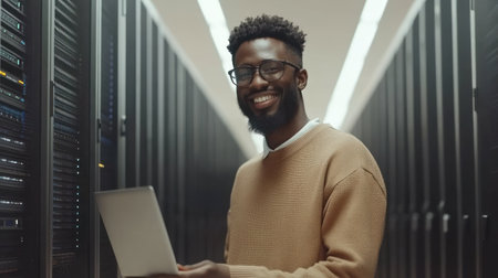Man with beard and glasses operates laptop inside a data center filled with servers.の素材