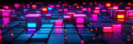 A vibrant digital setting featuring glowing blocks in various colors creating an abstract landscape.の素材