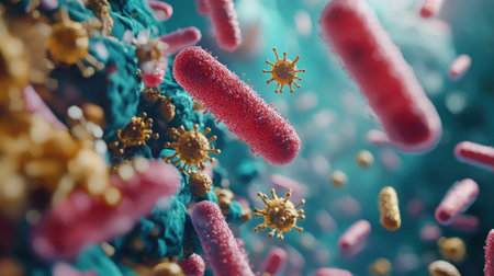 Colorful depiction of bacteria and viruses interacting in a microscopic research setting.の素材