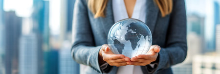 A person in business attire holds a glass globe with detailed world map representation in a cityscape.の素材