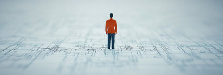 Individual dressed in an orange jacket stands quietly on a detailed architectural blueprint.の素材