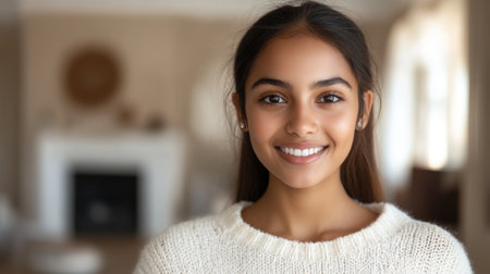 Girl smiles warmly while wearing a soft sweater, enjoying a cheerful moment inside a well lit home.の素材