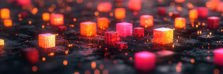 Illuminated cubes in vibrant colors hover over a complex circuit board in a dark setting.の素材