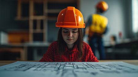 A young girl focuses on construction blueprints while an adult supervises in a workspace.の素材