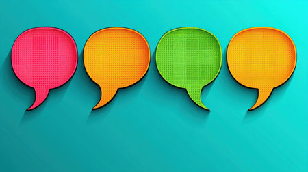 Four vibrant speech bubbles of different colors displayed on a teal background for communication ideas.の素材