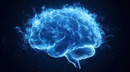 A bright blue brain image symbolizes mental functions and activity in a dark background.の素材