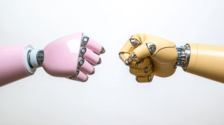 Two robotic hands of different colors perform a fist bump, symbolizing innovation and unity.の素材